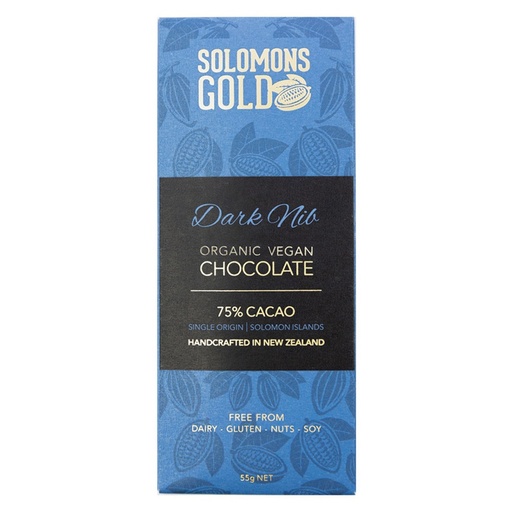 SOLOMONS GOLD | Organic Vegan Dark Nib Chocolate (75% Cacao) 55g
