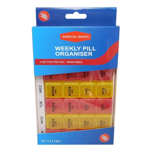 SURGICAL BASICS | Pill Box Weekly Pill Planner - 4 Sections Per Day (L17cm x W11.5cm x D2cm)