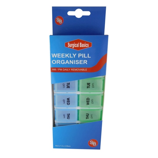 SURGICAL BASICS | Pill Box Weekly Pill Planner Removable (2 per day AM/PM) Small (16.8 x 7.2 x2.55cm)